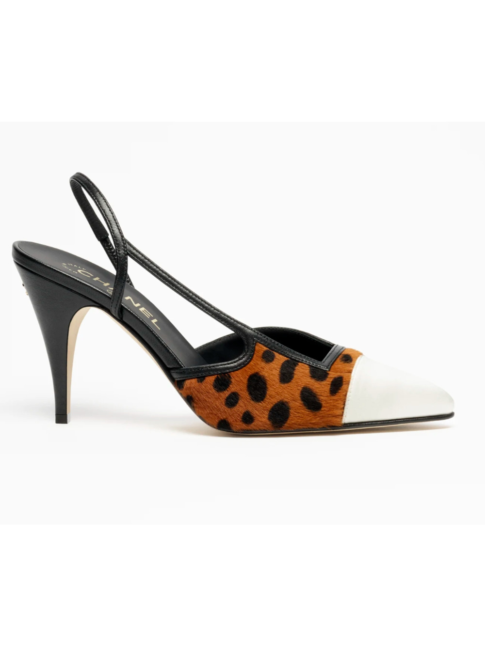 Chanel 26A Brown Leopard Black White Sling CC Gold Logo Slingback Heel Pump 40